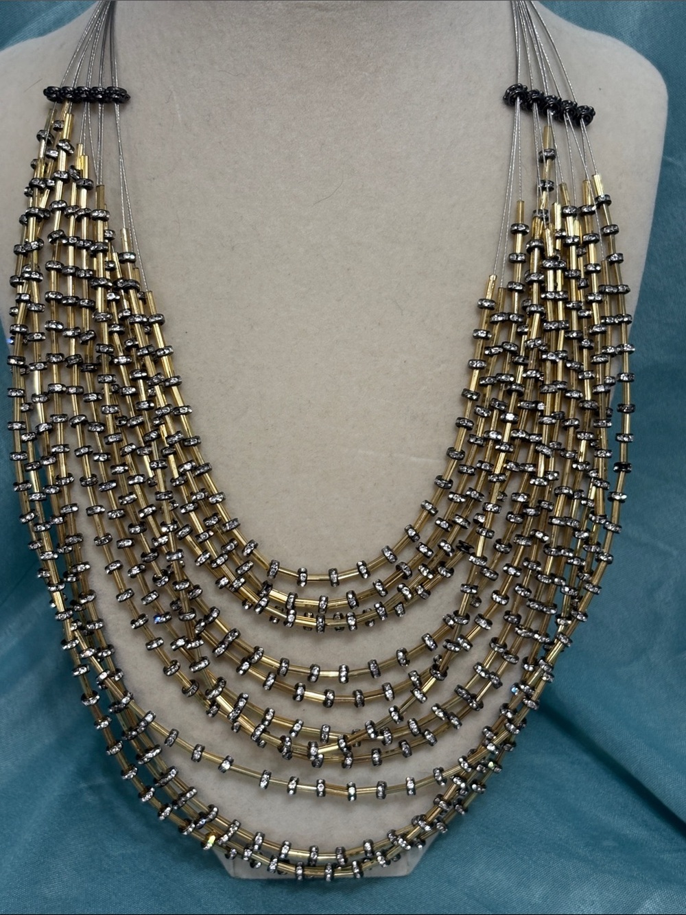 Chico’s Multi-Strand Gold and Rhinestone Bead Statement Necklace